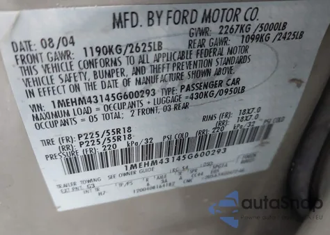 2005 Mercury Montego Premier from USA, damaged, VIN 1MEHM43145G600293